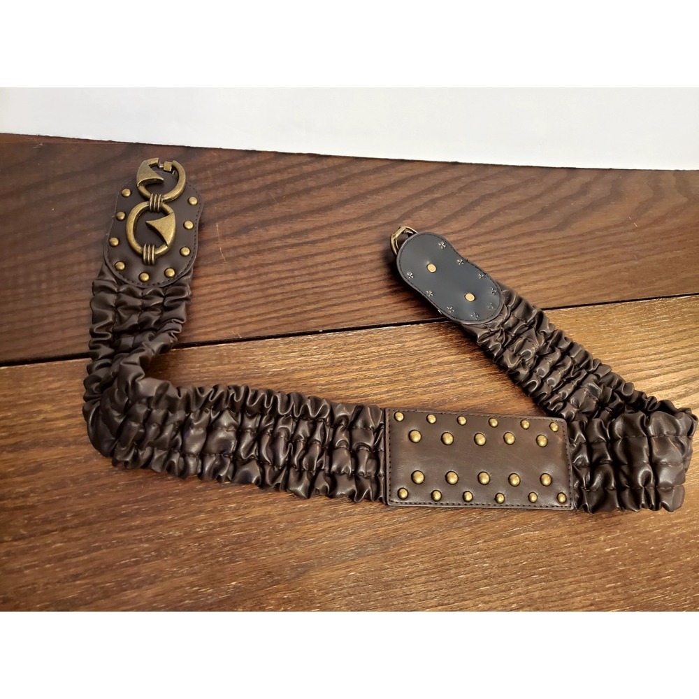 Womens L/XL Chocolate Ruched Elastic Cinch Wide Belt Brass Hook Art Deco Studded - Picture 3 of 14